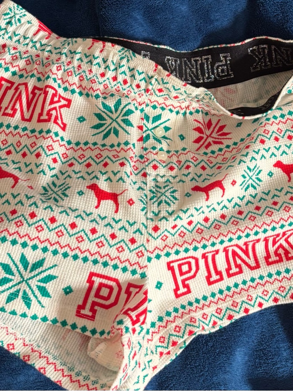 PINK Waffle Knit Boyshorts - Cream with Red & Teal Accents